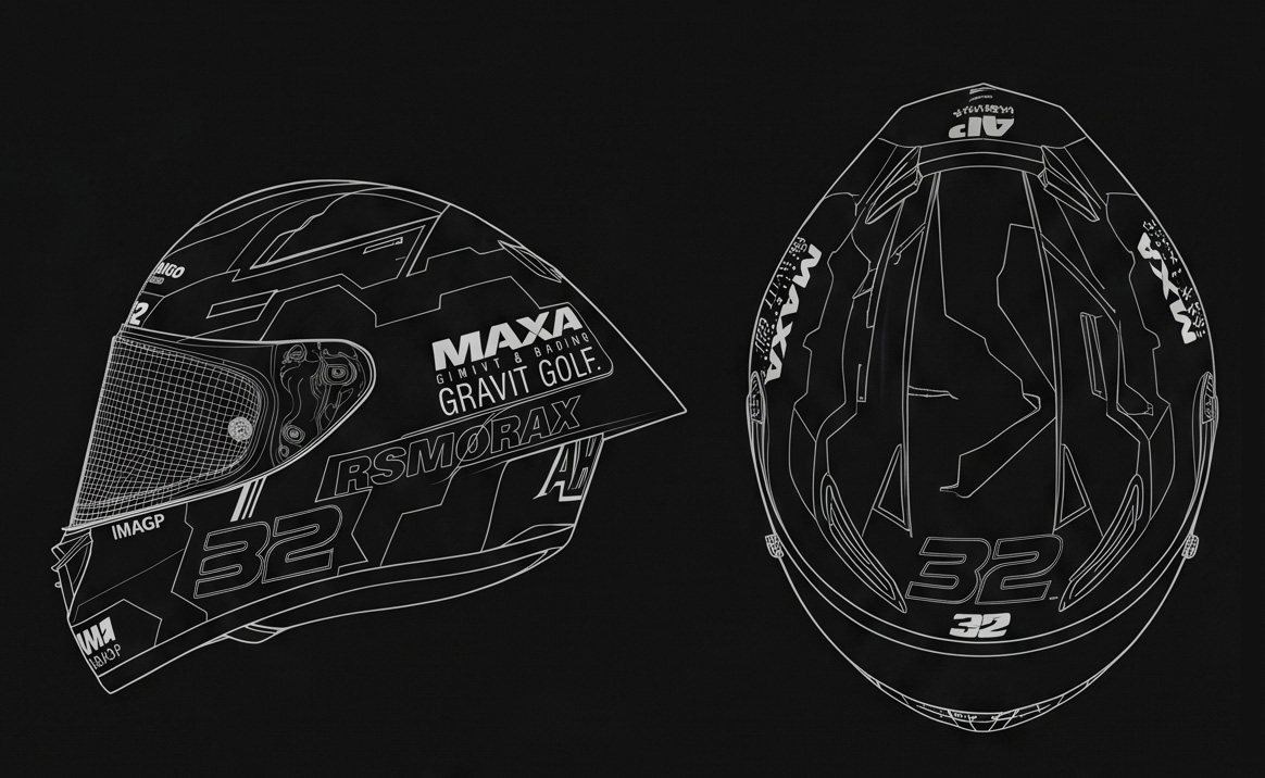 Plano técnico del casco de Marcos Ludeña con espacios de patrocinio