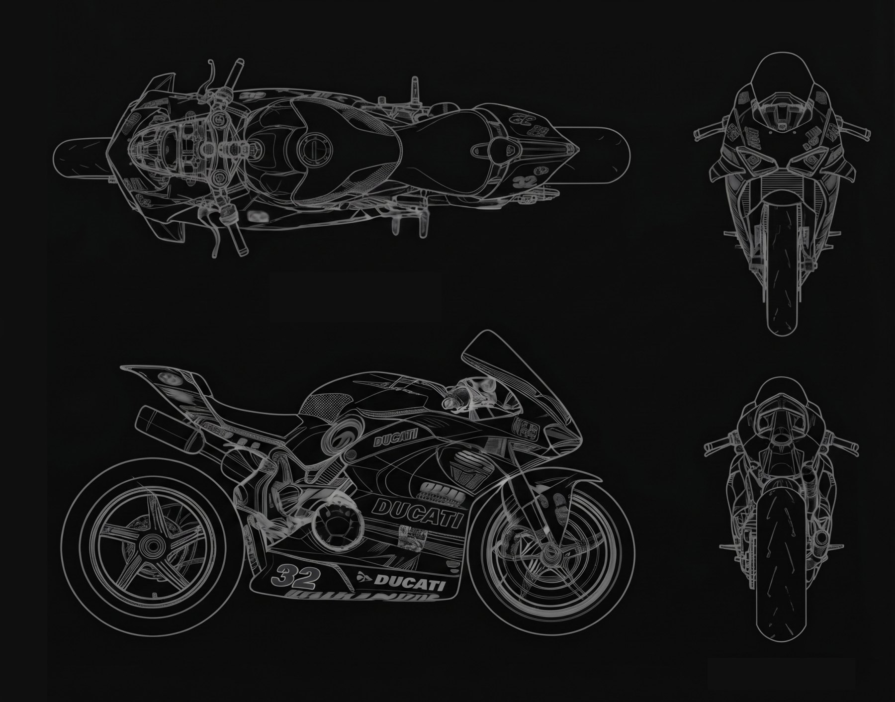Plano técnico de la Ducati Panigale V2 #32 de Marcos Ludeña, vistas cenital, frontal, lateral y trasera